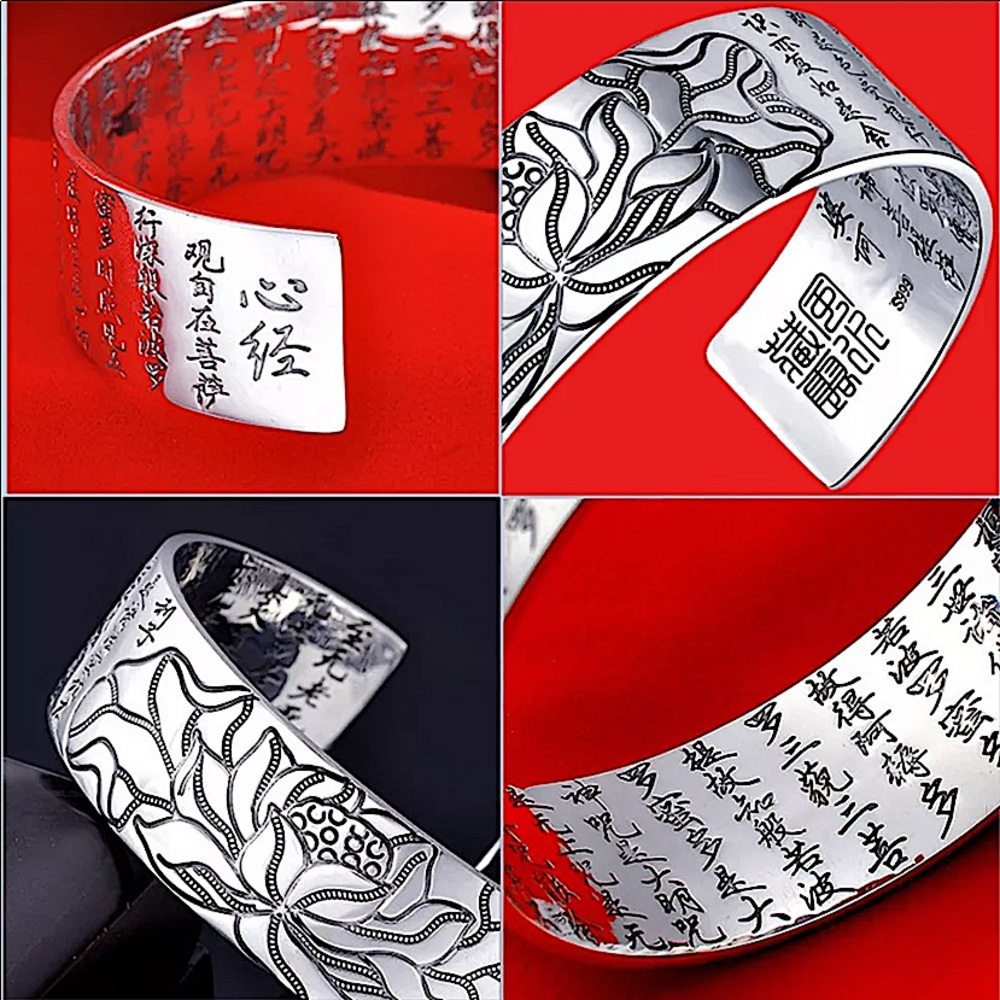 Lotus Flower Engraved Sterling Silver Bangle Bracelet - Picture 6 of 6